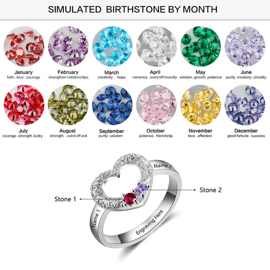 Customized Heart 2 birthstones 925 Sterling Silver Personalized Name Ring