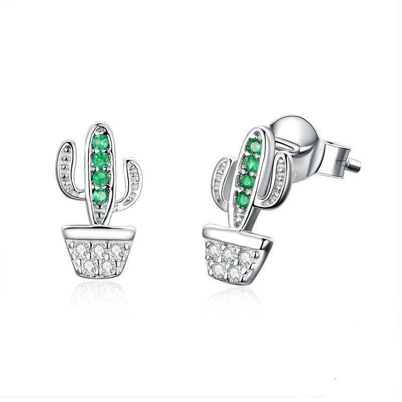 Genuine 925 Sterling Silver Green Cactus Plant Fashion Stud Earrings for Women