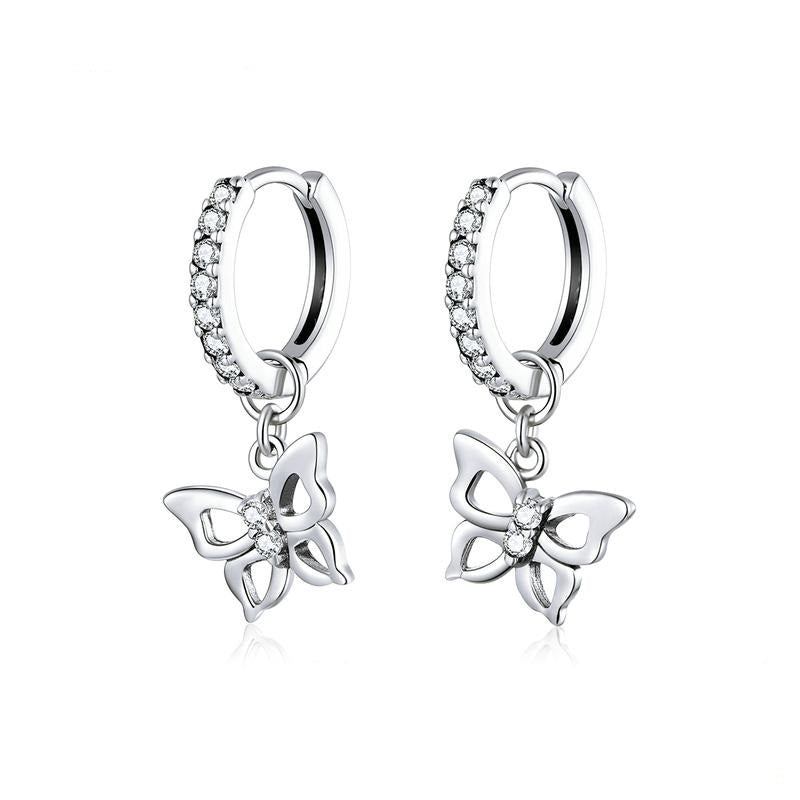 925 Sterling Silver Elegant Butterfly Hoop Clear Zircon Earrings