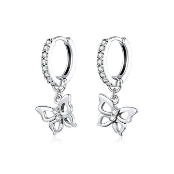 Genuine 925 Sterling Silver Elegant Butterfly Hoop Clear Zircon Earrings For Women