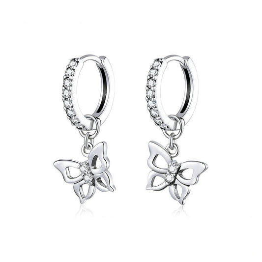 Genuine 925 Sterling Silver Elegant Butterfly Hoop Clear Zircon Earrings For Women