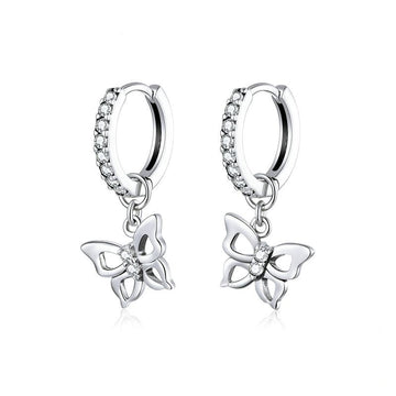925 Sterling Silver Elegant Butterfly Hoop Clear Zircon Earrings