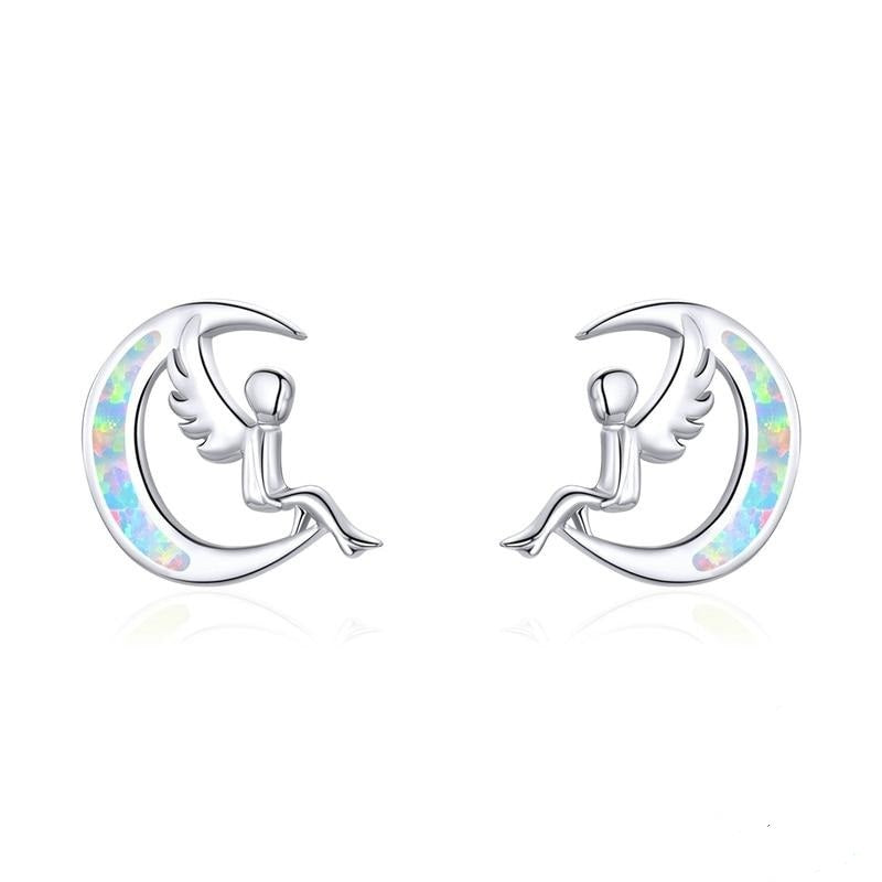 New Fashion 100% 925 Sterling Silver Moon Fairy Elf Opal Stud Earrings For Women
