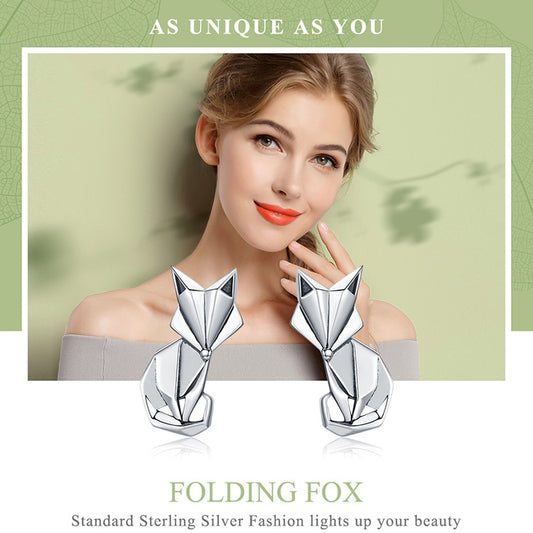 925 Sterling Silver Fashion Folding Fox Animal Stud Earrings for Women