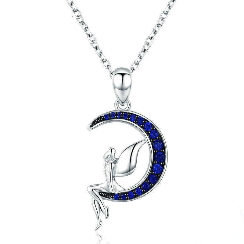 925 Sterling Silver Lucky Fairy in Blue Moon Pendant Necklace