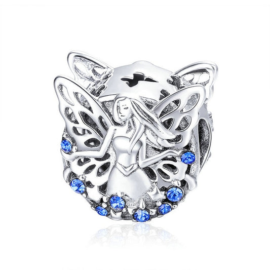 925 Sterling Silver Blue Moon Lunar Angel Round Charm Beads