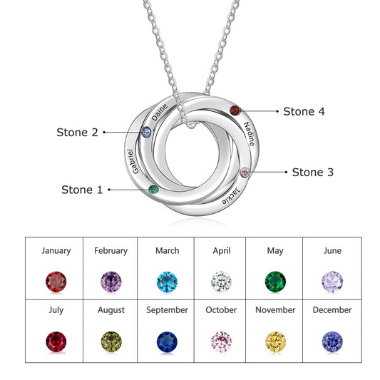 Personalized Intertwined Circle Necklace with Birthstones Custom Family Names Engraved Necklace Gift