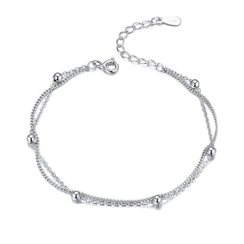 925 Silver Women Round Beads Double Layers Bracelet