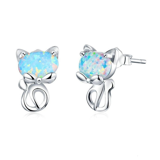 Authentic 925 Sterling Silver Cute Cat Opal Stud Earrings For Women
