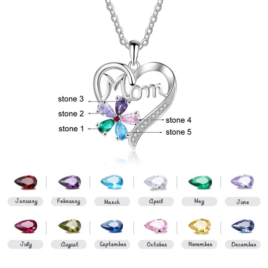 Personalized Mom Heart Pendent Necklace Customize 5 Birthstones Flower Necklaces Gift