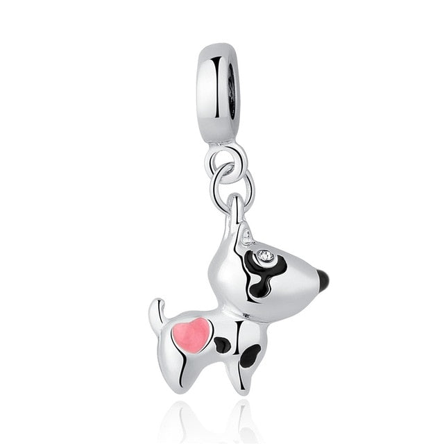 Dijes de perro con forma de corazón rosa en plata de ley 925