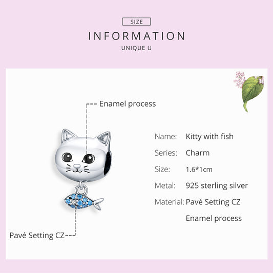 925 Sterling Silver Cat Love Fish Tiny Charm Beads