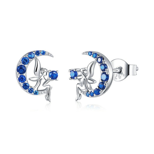 925 Sterling Silver Fairy on the Blue Moon Stud Earrings