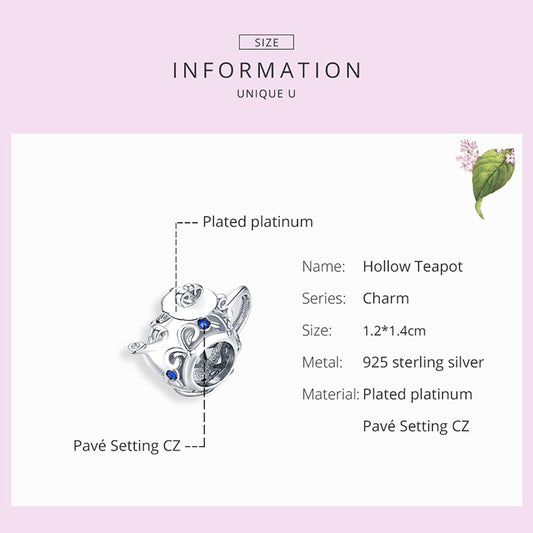 925 Sterling Silver Openwork Hollow Teapot Charm Beads