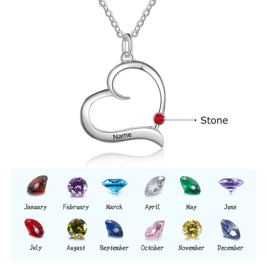 Personalized Silver Color Birthstone Heart Necklace Customized Name Engraved Pendant Necklace Gifts