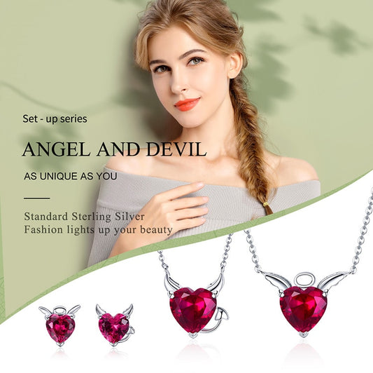 925 Sterling Silver Red Evil And Angel Necklace Earrings