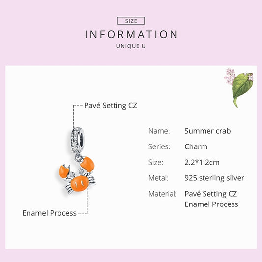 925 Sterling Silver Enamel Summer Crab Charm Beads
