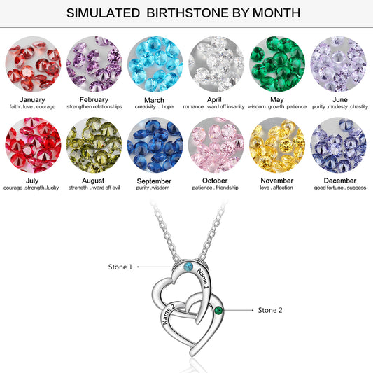 Personalized 925 Sterling Silver Interlocking Heart Necklace with 2 Birthstones Custom Engraved Name Silver Pendants