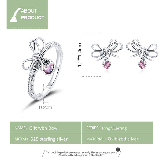 925 Sterling Silver Gift with Bow Earrings Rings