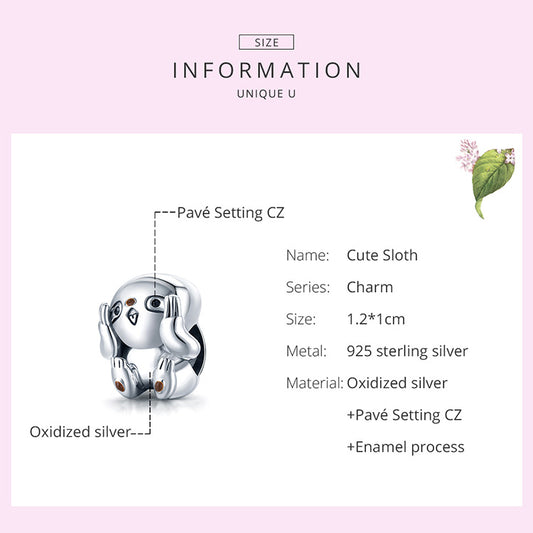 925 Sterling Silver Cute Sloth Charm Beads