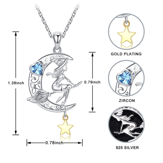 925 Sterling Silver Beautiful Witch Zircon Moon Star Necklace
