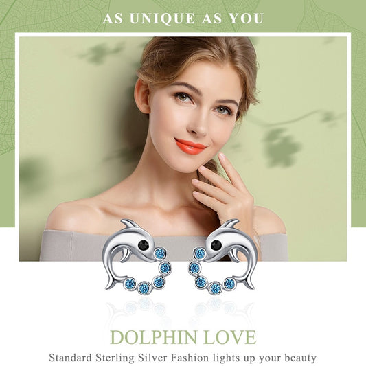 925 Sterling Silver Cute Dolphin Love Ball Stud Earrings