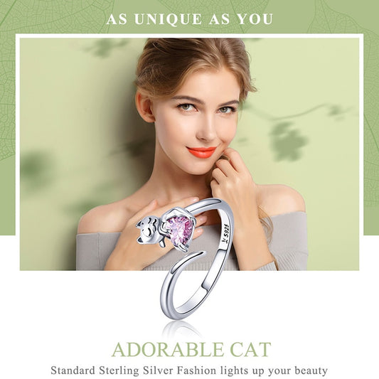 925 Sterling Silver Adorable Cat Pink Ring