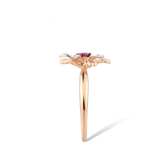 Genuine 14K 585 Rose Gold Ruby Diamond Flower Ring For Lady Wedding Engagement Anniversary Trendy Gift Fine Jewelry