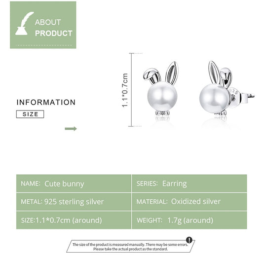 925 Sterling Silver Cute Bunny Pearl Earrings