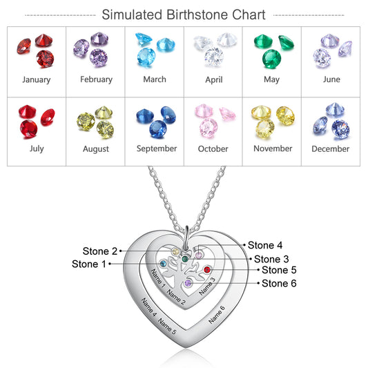 Personalized Tree of Life Heart 6 Birthstones Necklace