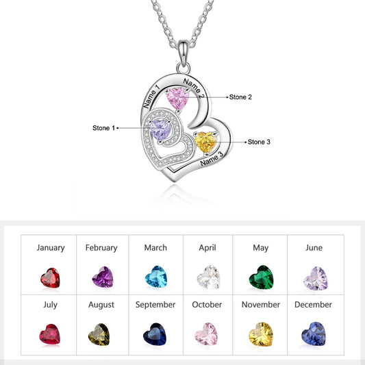 Romantic Custom Name Engraved Necklaces Personalized Heart Pendant Necklace with 3 Birthstones Gift