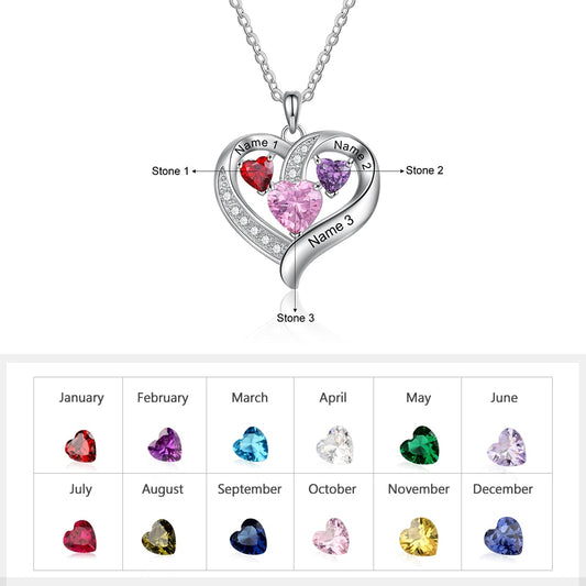 Romantic Personalized Name Engraved Heart Necklaces Customized 3 Birthstone Necklace Gift