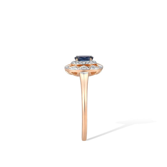 Genuine 14K 585 Rose Gold Ring For Women Sparkling Diamond OVAL Blue Sapphire Ring Engagement Anniversary Fine Jewelry