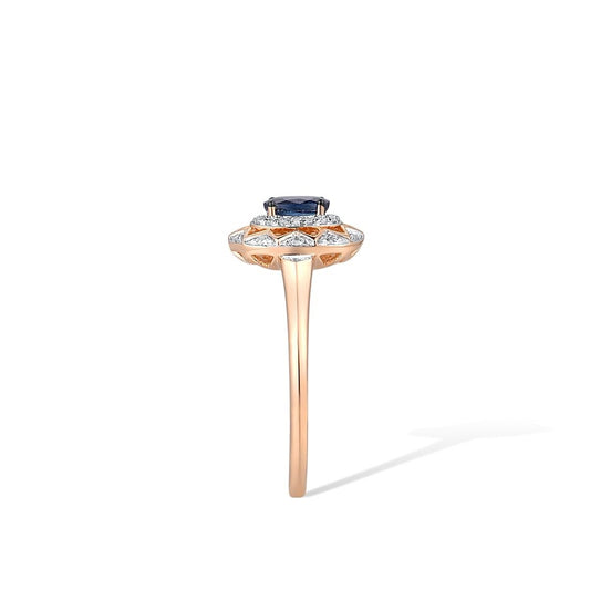 Genuine 14K 585 Rose Gold Ring For Women Sparkling Diamond OVAL Blue Sapphire Ring Engagement Anniversary Fine Jewelry