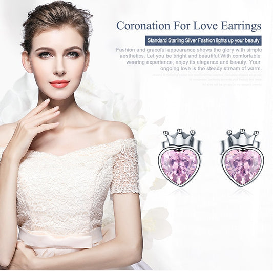 925 Sterling Silver Sweet Pink Heart of Crown Stud Earrings