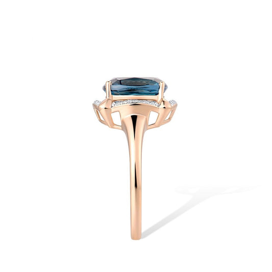 Genuine 14K 585 Rose Gold Ring Sparkling Diamond London Blue Topaz Wedding Anniversary Fine Jewelry