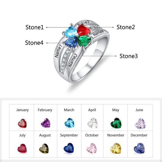 Personalized 4 Heart Birthstones Custom Family Name Ring