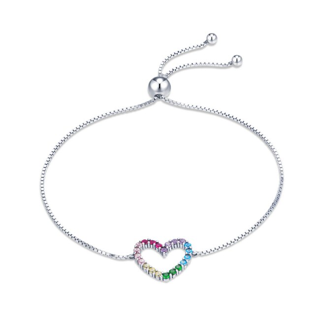 925 Sterling Silver Rainbow Colorful Heart  Bracelet
