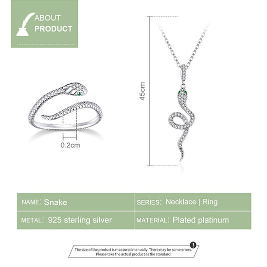 925 Sterling Silver Snake Necklace Ring Jewelry Set