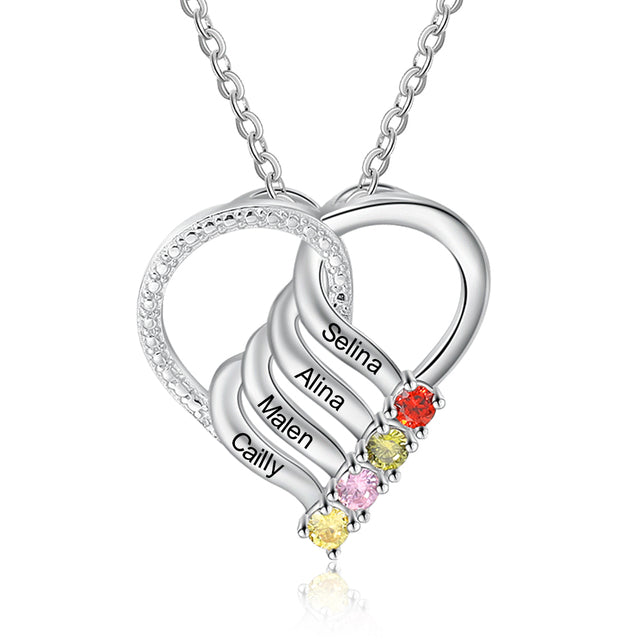 Personalized Family Heart Pendant Necklace with 2-6 Birthstones Customized Engraving Name Necklace