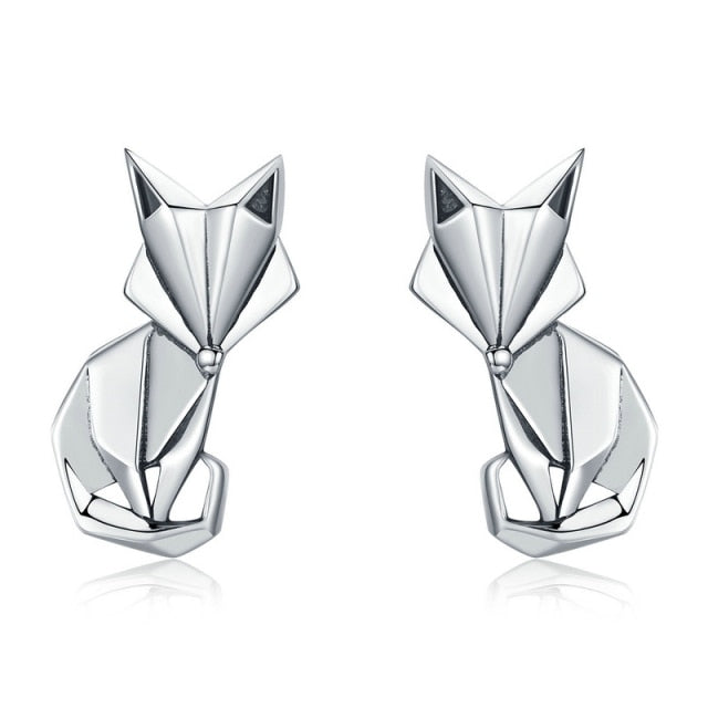 925 Sterling Silver Fashion Folding Fox Animal Stud Earrings
