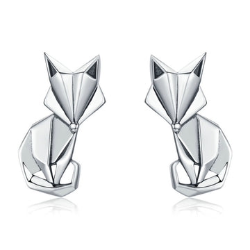 925 Sterling Silver Fashion Folding Fox Animal Stud Earrings for Women