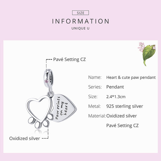 925 Sterling Silver Heart Cute Paw Charm Beads