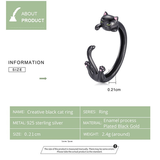 925 Sterling Silver Dark Black Cat Adjustable Ring