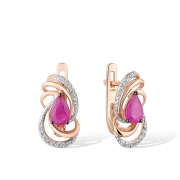 Natural Ruby Amethyst Diamond 14K 585 Rose Gold Earrings
