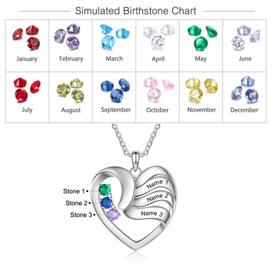 Personalized Heart Necklace with 2-5 Names Customized Birthstone Fashion Jewelry Memorial Gift