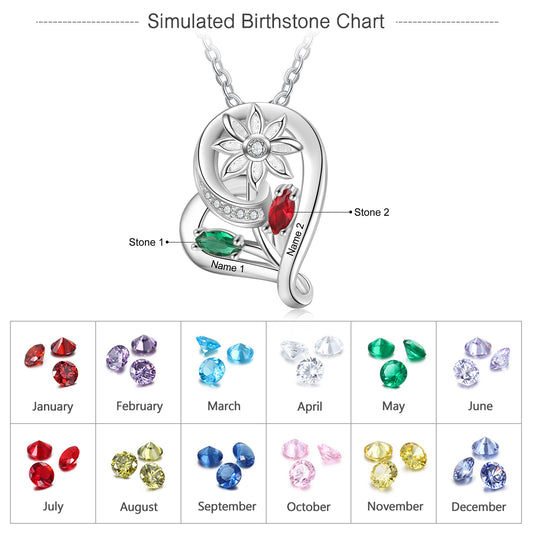 Personalized Sunflower 2 Birthstone Heart Necklace