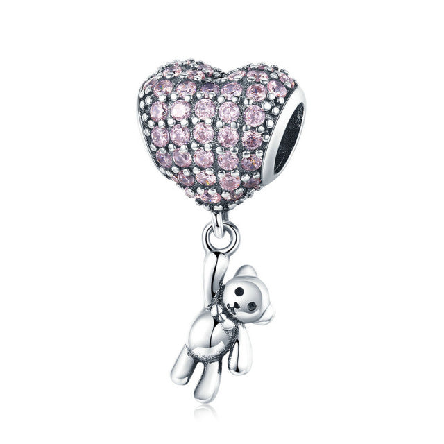 925 Sterling Silver Silver Rainbow Heart Balloon Bear Charm Beads