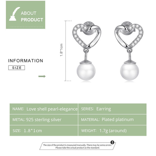 925 Sterling Silver Love Shell Pearl Drop Earrings