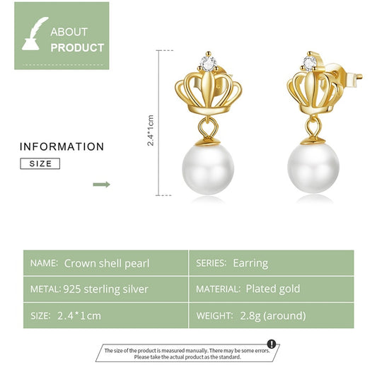 925 Sterling Silver Crown Pearl Drop Earrings